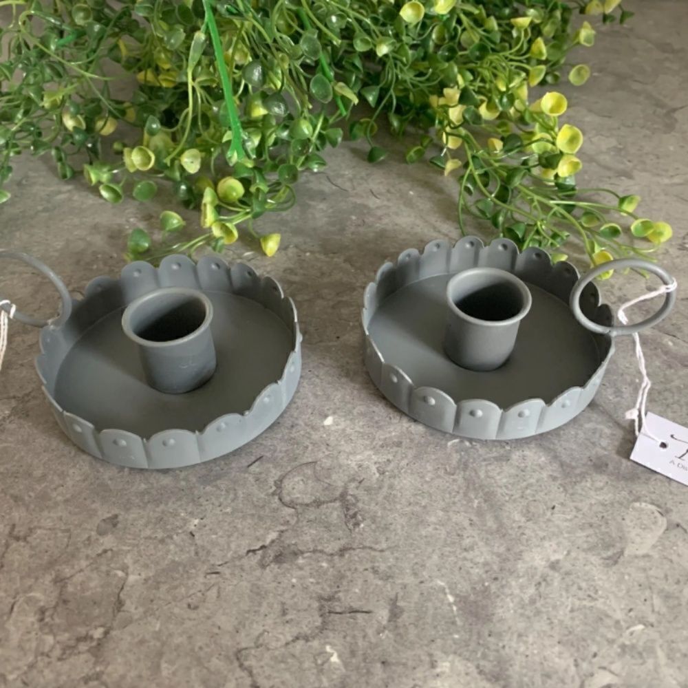 Farmhouse Gray Fluted Metal Taper Candle Holder Set of Two Country Cottagecore